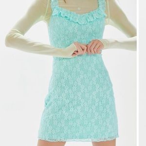 URBAN OUTFITTER DRESS - MINT GREEN LACE RUFFLE BUSTIER MINI BODYCON DRESS